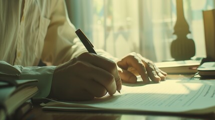Fototapeta premium A person writing at a desk with documents in a warm, sunlit room, conveying a sense of focus and productivity. 
