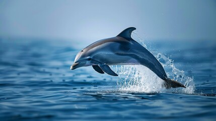 Fototapeta premium A dolphin breaching the surface of the ocean with a dramatic splash, captured in mid-jump.
