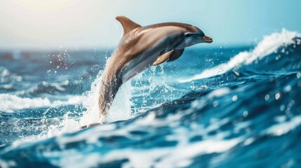 A dolphin leaping high above the waves with a joyful expression during a dolphin watching tour.