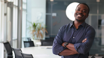 Obraz premium A cheerful man in a navy shirt confidently stands with arms crossed in a modern office, projecting professionalism and approachability.