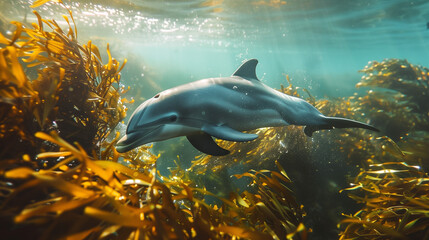 Fototapeta premium A dolphin with a beautiful silhouette walks through the seaweed, which is illuminated by the setting sun. Its grace and freedom in the water blend perfectly with the background of marine vegetation.