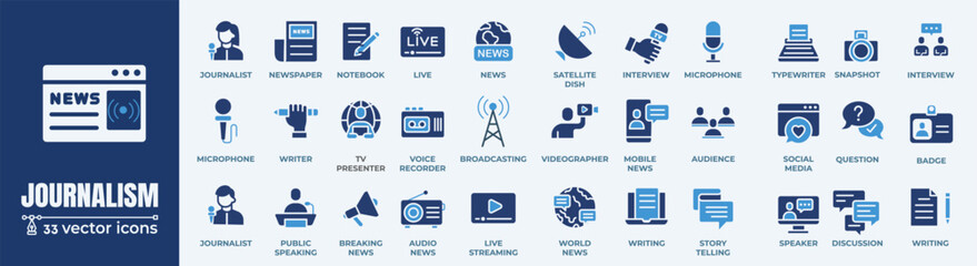 Journalism and mass media related icons: thin vector icon set, black and white kit