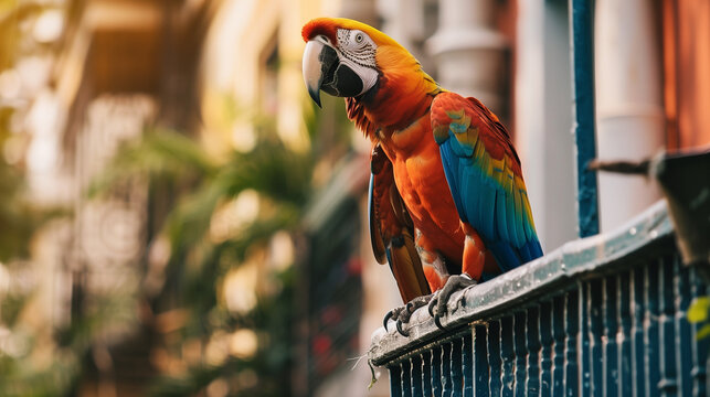 A parrot in a close shot, sitting on a balcony railing and screaming noisily in an urban setting.