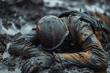 Close-up of dead soldiers in muddy terrain