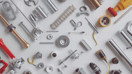 A flat lay of assorted metal and mechanical components neatly arranged on a white surface.