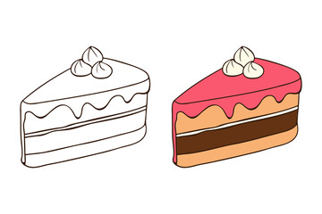 Slices of cake outline drawing, food, cheesecake. Logo icon isolated on white background.