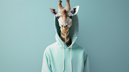 A giraffe humorously dressed in a mint-green hoodie against a teal backdrop, blending nature with modern, quirky fashion.
