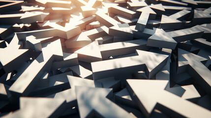 A chaotic arrangement of white arrows, pointing in various directions, with sunlight gently illuminating them from above, creating a dramatic effect.