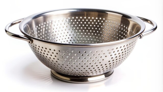Close-up of a stainless steel colander with perforations isolated on white.