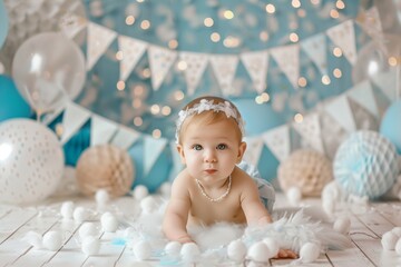 Adorable baby crawling on white wooden floor with blue and white themed decorations, featuring balloons and festive bunting in the background.