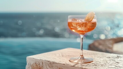 A refreshing cocktail with an orange slice garnish sits on a ledge by the sea during sunset, capturing a tranquil and relaxing moment.
