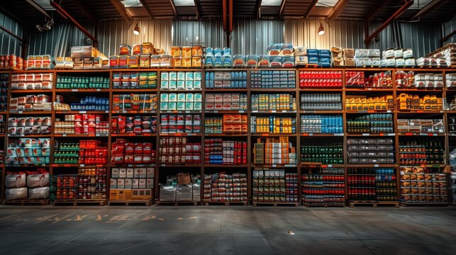 A spacious warehouse with fully stocked shelves filled with various goods and products, demonstrating efficient storage and organization.