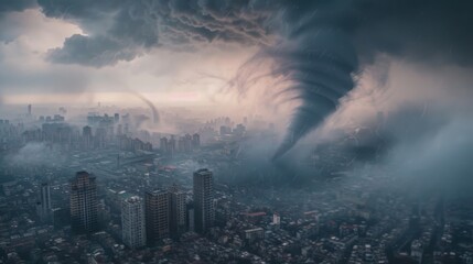 A dramatic cityscape showing a tornado tearing through the urban skyline, with dark clouds and multiple tornadoes in the distance.