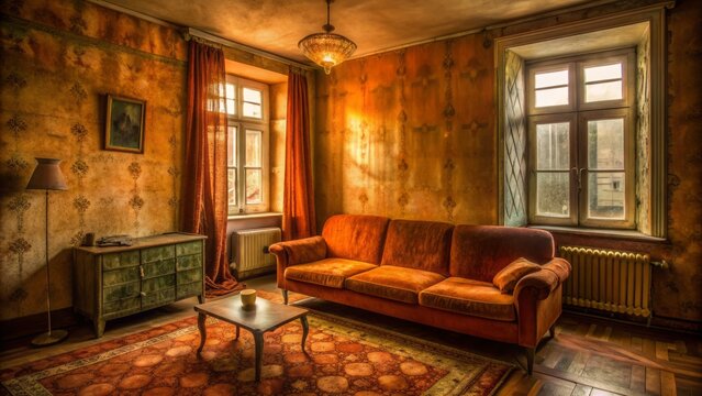 Faded orange walls, worn velvet sofa, and outdated ornate furnishings fill a cramped, poorly lit Soviet-era living room interior.