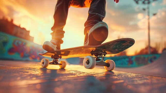 Close-up of a skateboarder's feet performing a trick on a skateboard at sunset in a skatepark showcasing dynamic motion and vibrant colors