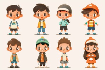 Cartoon Illustration of Diverse Kids in Casual Outfits