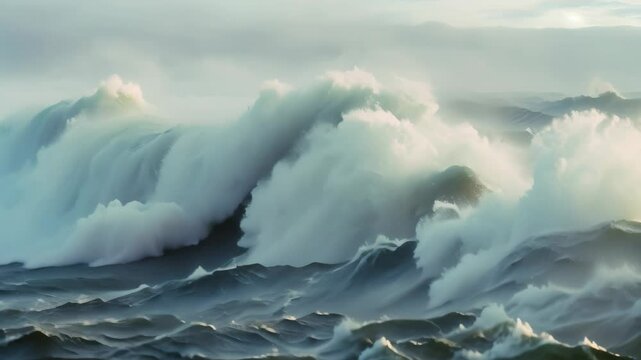 A large wave in the ocean during a cloudy day, displaying natural power and movement, Peaceful waves of powder blue ebbing and flowing