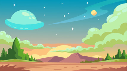 Cartoon landscape with a flying saucer in the sky