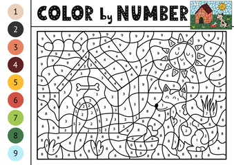 Color by number activity page for kids with a cute dog sitting near his doghouse. Funny animal character  puzzle game for school and preschool. Vector illustration