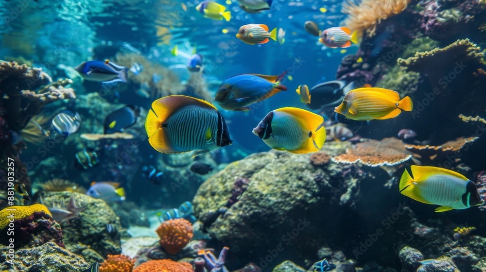 Poster a group of colorful surgeonfish grazing on algae-covered rocks in a shallow coral reef environment.