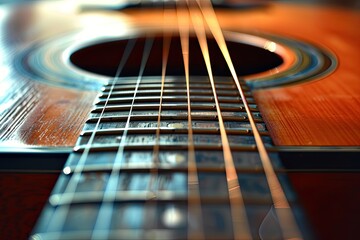 Fototapeta premium A close up of a guitar's neck with the strings visible. Concept of intimacy and focus on the instrument's details