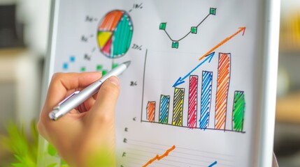 A hand drawing a bar graph on a whiteboard during a business presentation, explaining statistical trends.