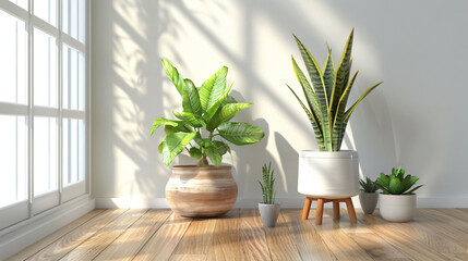Fototapeta premium 3D rendering of a wooden side table with potted plants and a snake plant in a white pot on a light wood floor near a window. Mock up for interior design, home decor in the style of