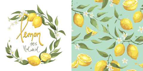 Collection of summer patterns with lemon branch. Backgrounds with citrus fruits, vector illustrations, seamless print.	
