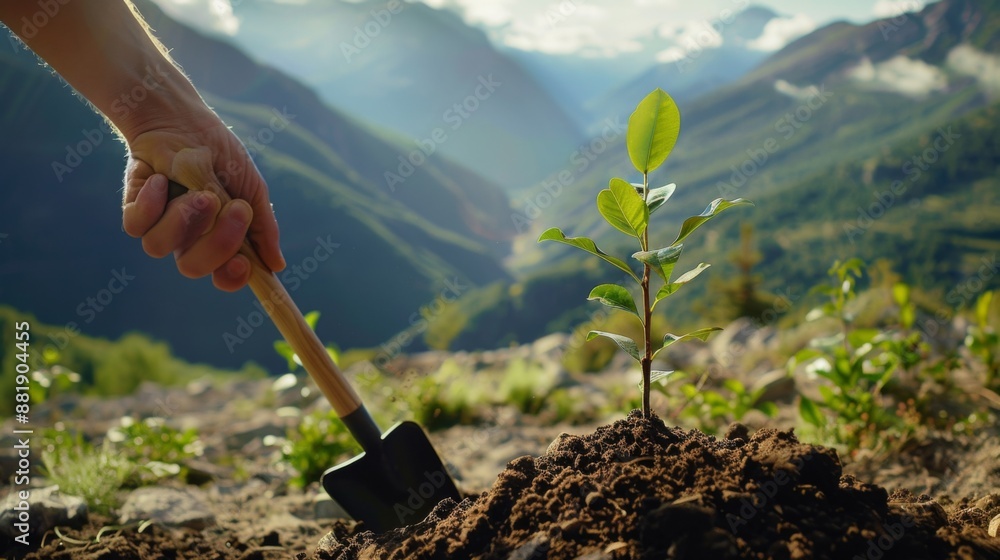 Poster a hand holding a shovel next to a tree sapling planted in a mountainous terrain, with scenic views i