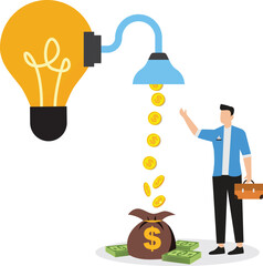 Startup company start generate revenue or income business idea to make money gain profit or create sales concept businessman get money from revenue faucet flowing from lightbulb idea