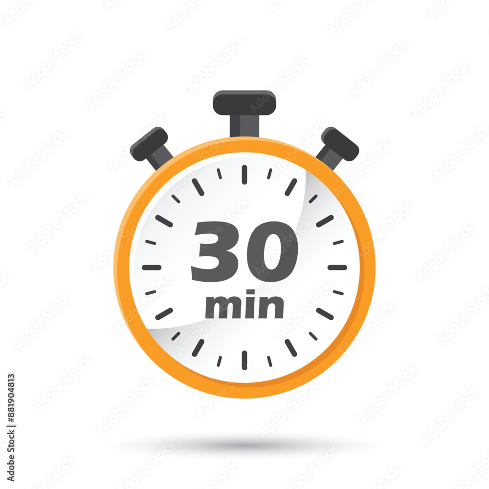 Poster 30 minutes on stopwatch icon in flat style. clock face timer vector illustration on isolated backgro