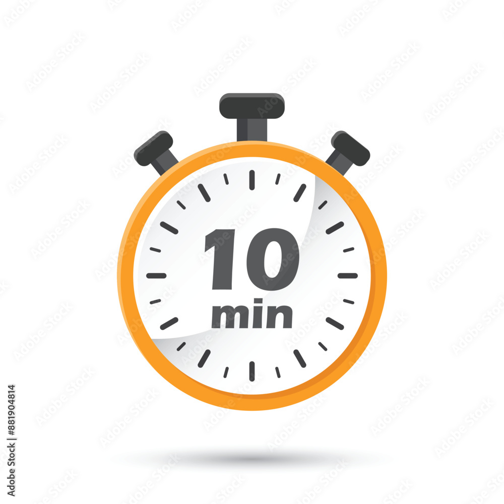 Poster 10 minutes on stopwatch icon in flat style. clock face timer vector illustration on isolated backgro