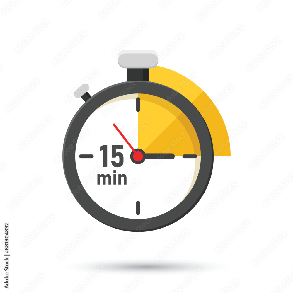 Poster 15 minutes on stopwatch icon in flat style. clock face timer vector illustration on isolated backgro