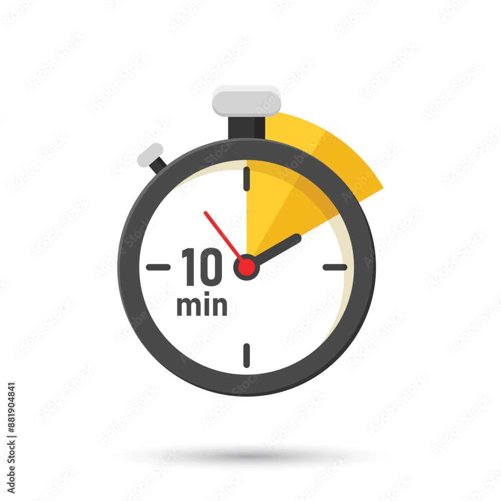 Poster 10 minutes on stopwatch icon in flat style. clock face timer vector illustration on isolated backgro
