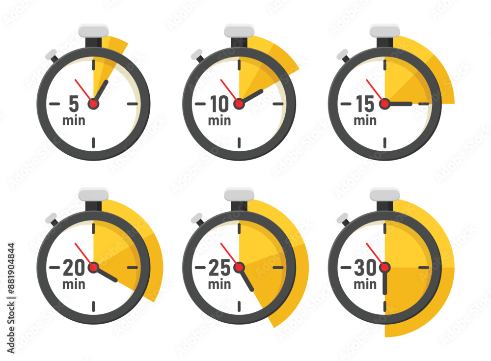 Aufkleber from 5 minutes to 30 minutes on stopwatch icon in flat style. clock face timer vector illustration o