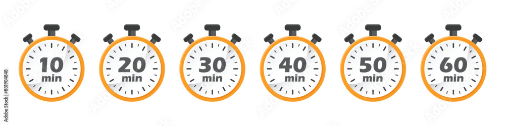 Aufkleber from 10 minutes to 60 minutes on stopwatch icon in flat style. clock face timer vector illustration 
