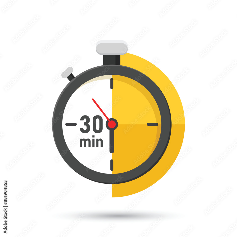 Poster 30 minutes on stopwatch icon in flat style. clock face timer vector illustration on isolated backgro