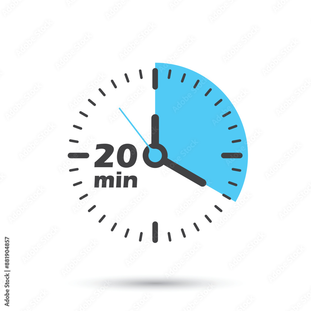Poster 20 minutes on stopwatch icon in flat style. clock face timer vector illustration on isolated backgro
