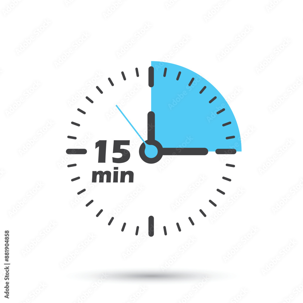 Poster 15 minutes on stopwatch icon in flat style. clock face timer vector illustration on isolated backgro