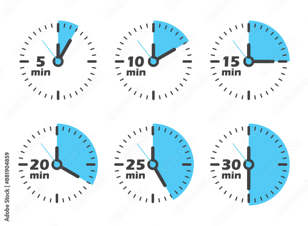 Poster from 5 minutes to 30 minutes on stopwatch icon in flat style. clock face timer vector illustration o
