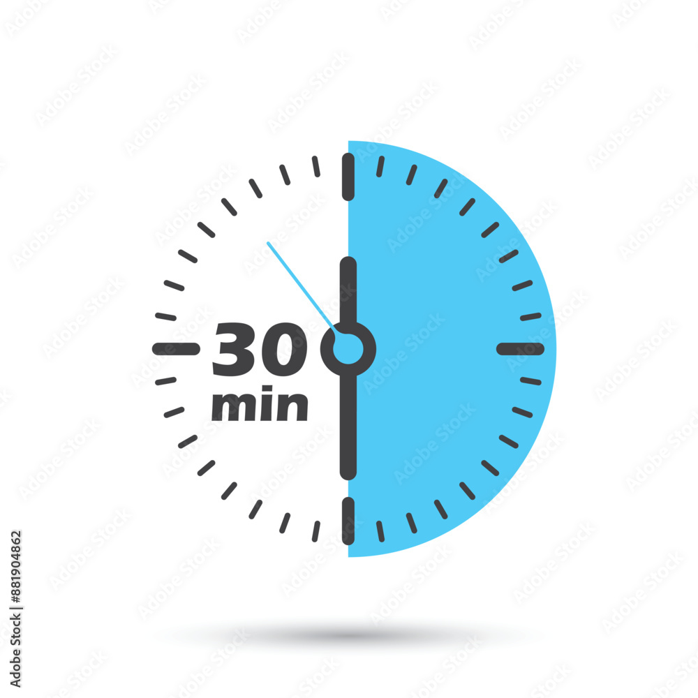 Poster 30 minutes on stopwatch icon in flat style. clock face timer vector illustration on isolated backgro