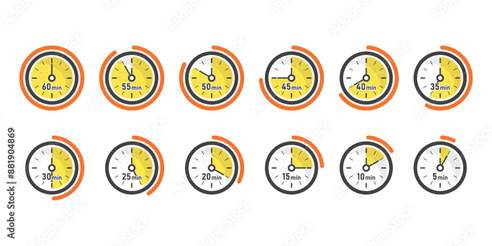 Poster from 5 minutes to 60 minutes on stopwatch icon in flat style. clock face timer vector illustration o