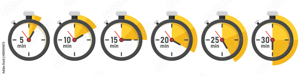Poster from 5 minutes to 30 minutes on stopwatch icon in flat style. clock face timer vector illustration o