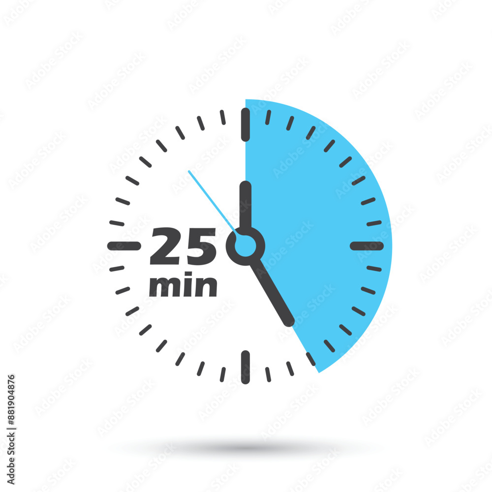 Poster 25 minutes on stopwatch icon in flat style. clock face timer vector illustration on isolated backgro