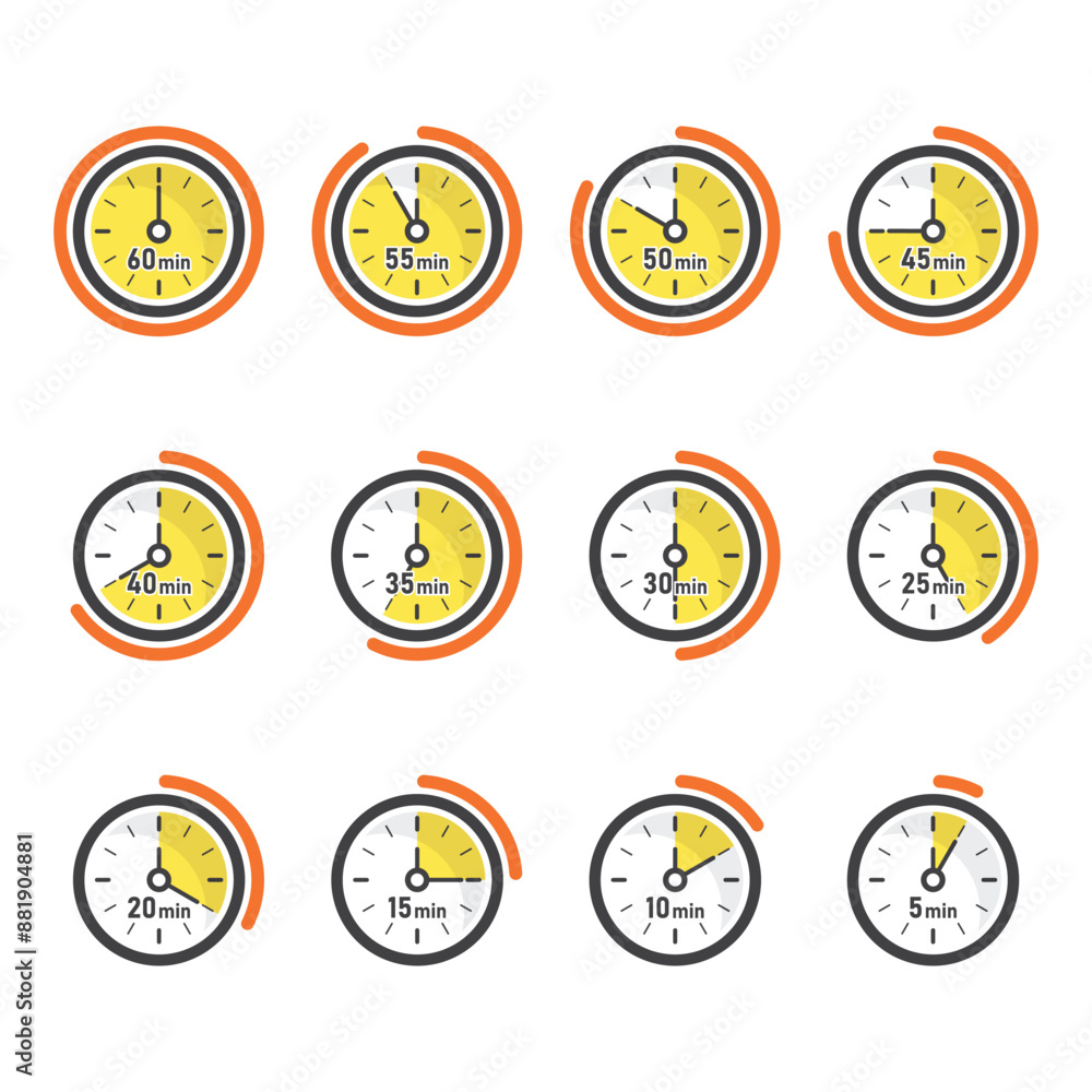 Poster from 5 minutes to 60 minutes on stopwatch icon in flat style. clock face timer vector illustration o
