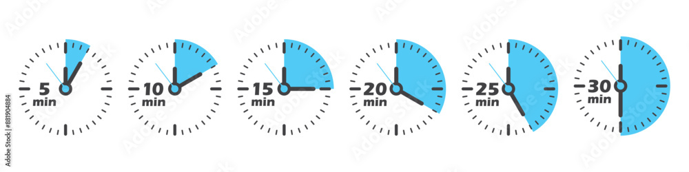 Poster from 5 minutes to 30 minutes on stopwatch icon in flat style. clock face timer vector illustration o