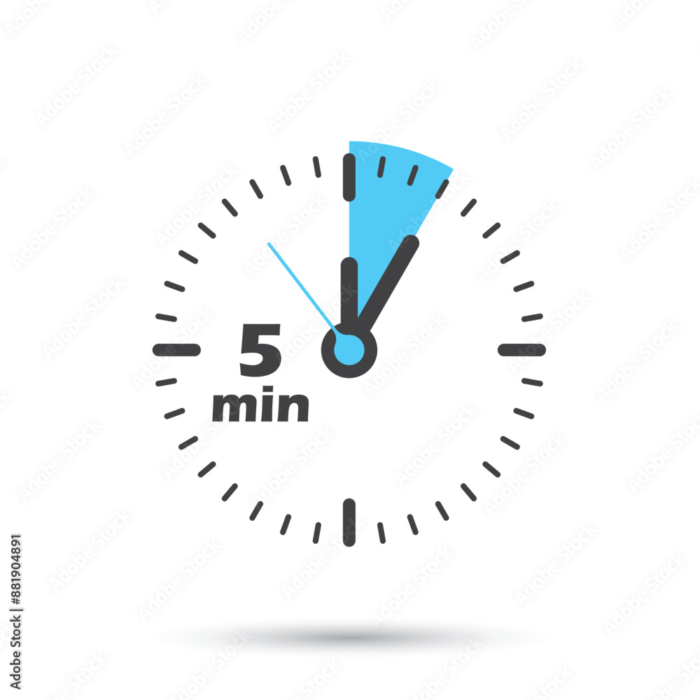 Poster 5 minutes on stopwatch icon in flat style. clock face timer vector illustration on isolated backgrou