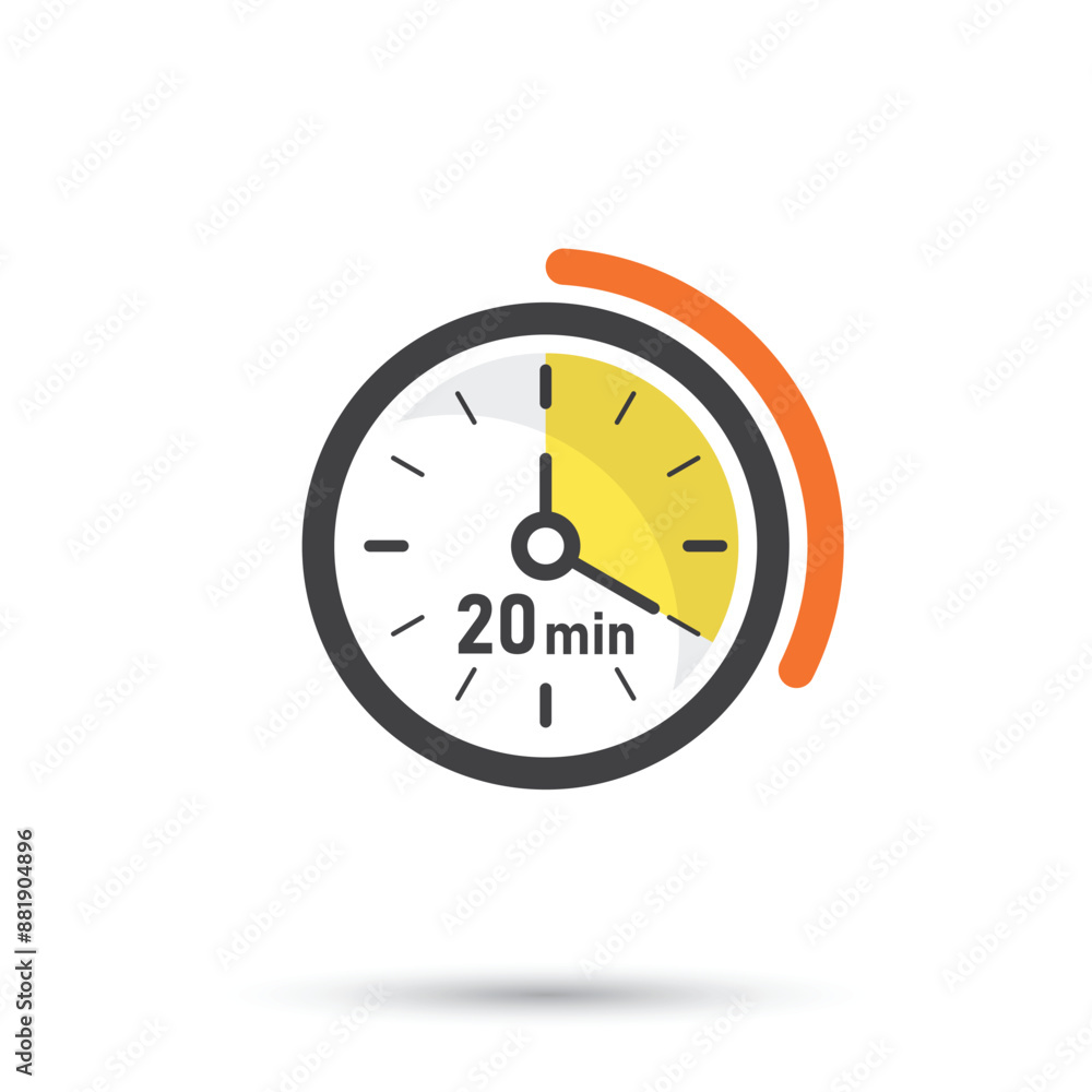 Poster 20 minutes on stopwatch icon in flat style. clock face timer vector illustration on isolated backgro