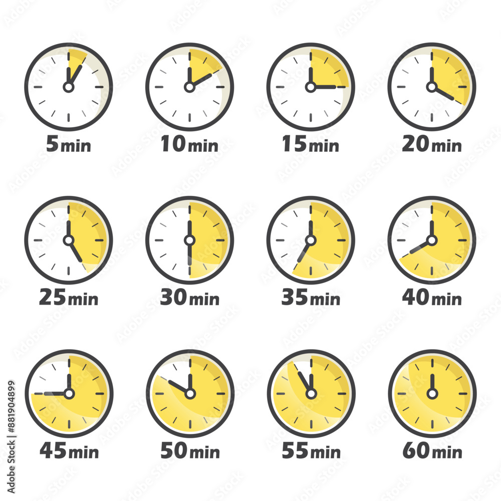 Aufkleber from 5 minutes to 60 minutes on stopwatch icon in flat style. clock face timer vector illustration o
