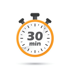 30 minutes on stopwatch icon in flat style. Clock face timer vector illustration on isolated background. Countdown sign business concept.